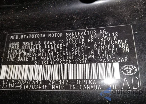 2012 Toyota Matrix L from USA, damaged, VIN 2T1KU4EEXCC812330